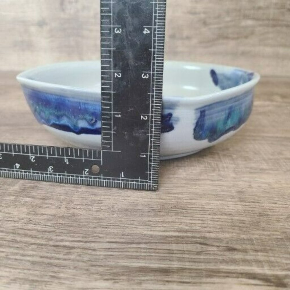 Studio Hand Made Artisan Signed Pottery Rounded Square Bowl Blue Butterfly Glaze - Picture 11 of 12